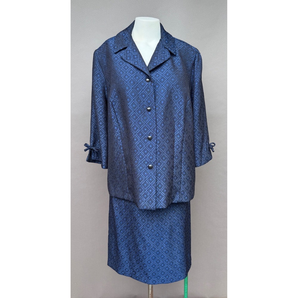 Melissa Harper 18W Navy Blue Geometric Jacquard Skirt Suit Set Vintage Career 80